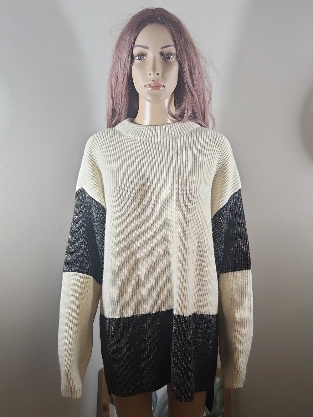 Karl Lagerfeld Cream Black Chunky Knit Sweater Metallic Long Line XL Color Block